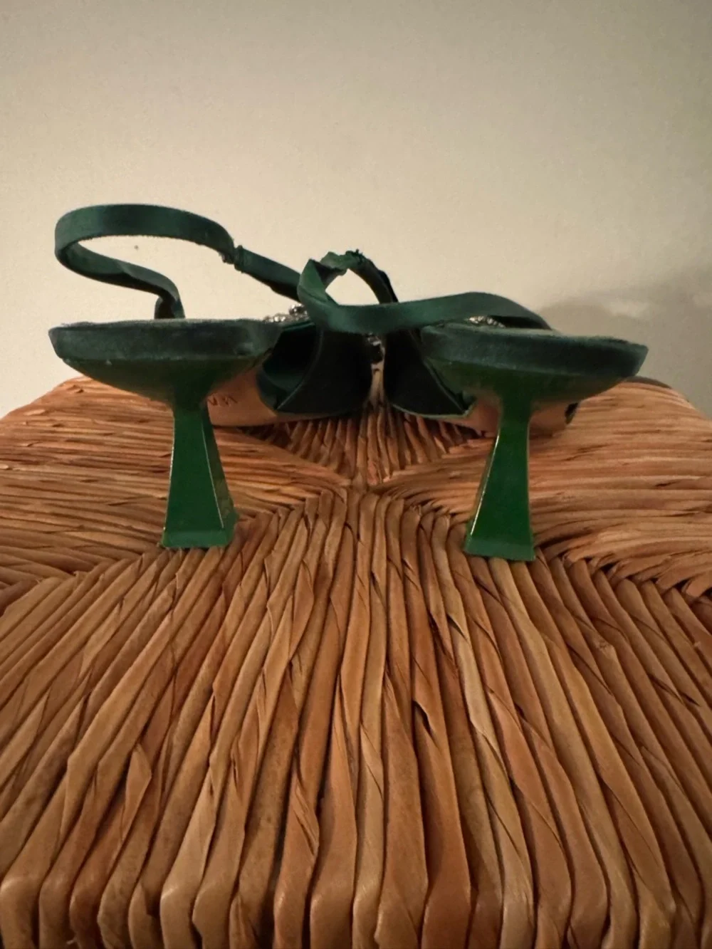 Zara Emerald Green Satin Slingback Heels with Crystal Bow size 38 - Picture 6 of 8